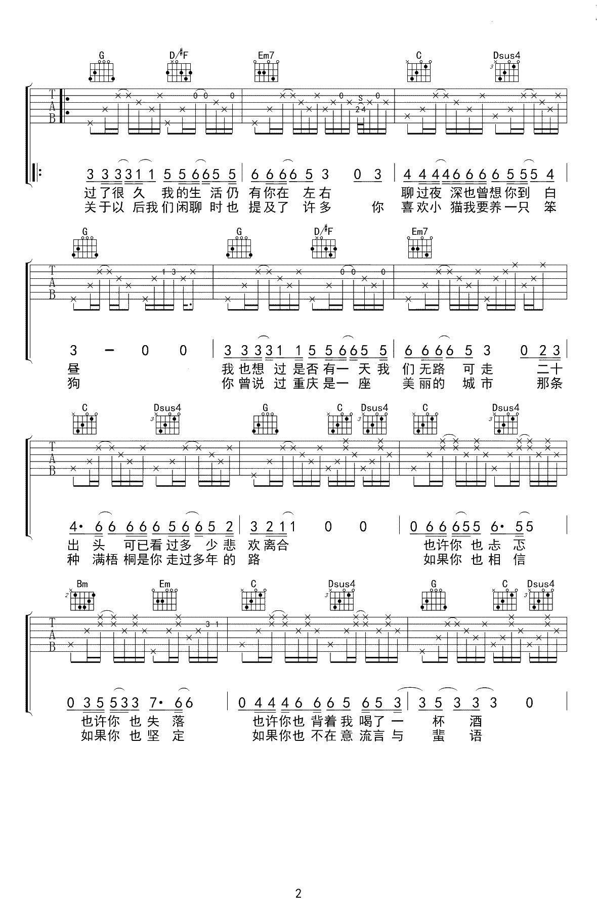 等我们老了,就定居在重庆吉他谱-房东的猫-弹唱六线谱2