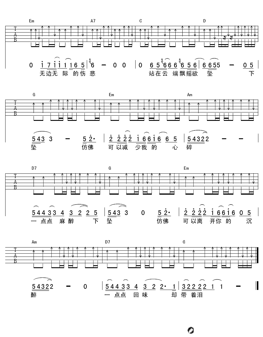 下坠吉他谱-汪峰《歌手》-下坠六线谱-单吉他简编版2