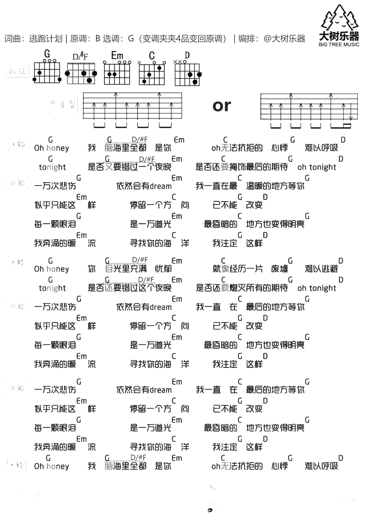 一万次悲伤吉他谱-逃跑计划-G调扫弦版-吉他弹唱1