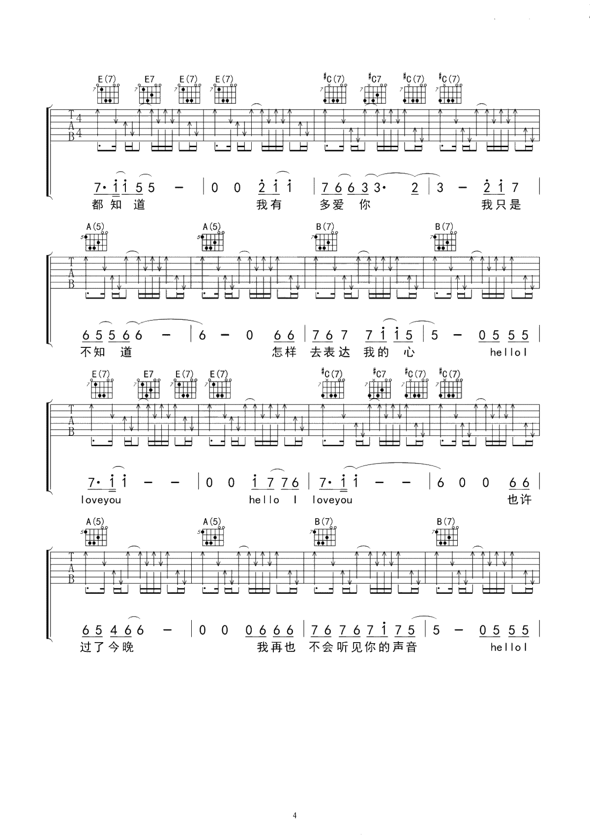 Hello I love you吉他谱 小熊饼干 弹唱六线谱4