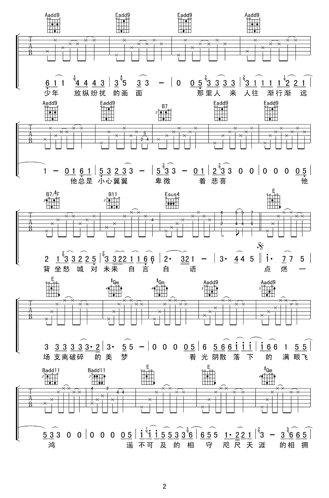 皆非吉他谱-E调弹唱谱-马頔《皆非》六线谱-高清2