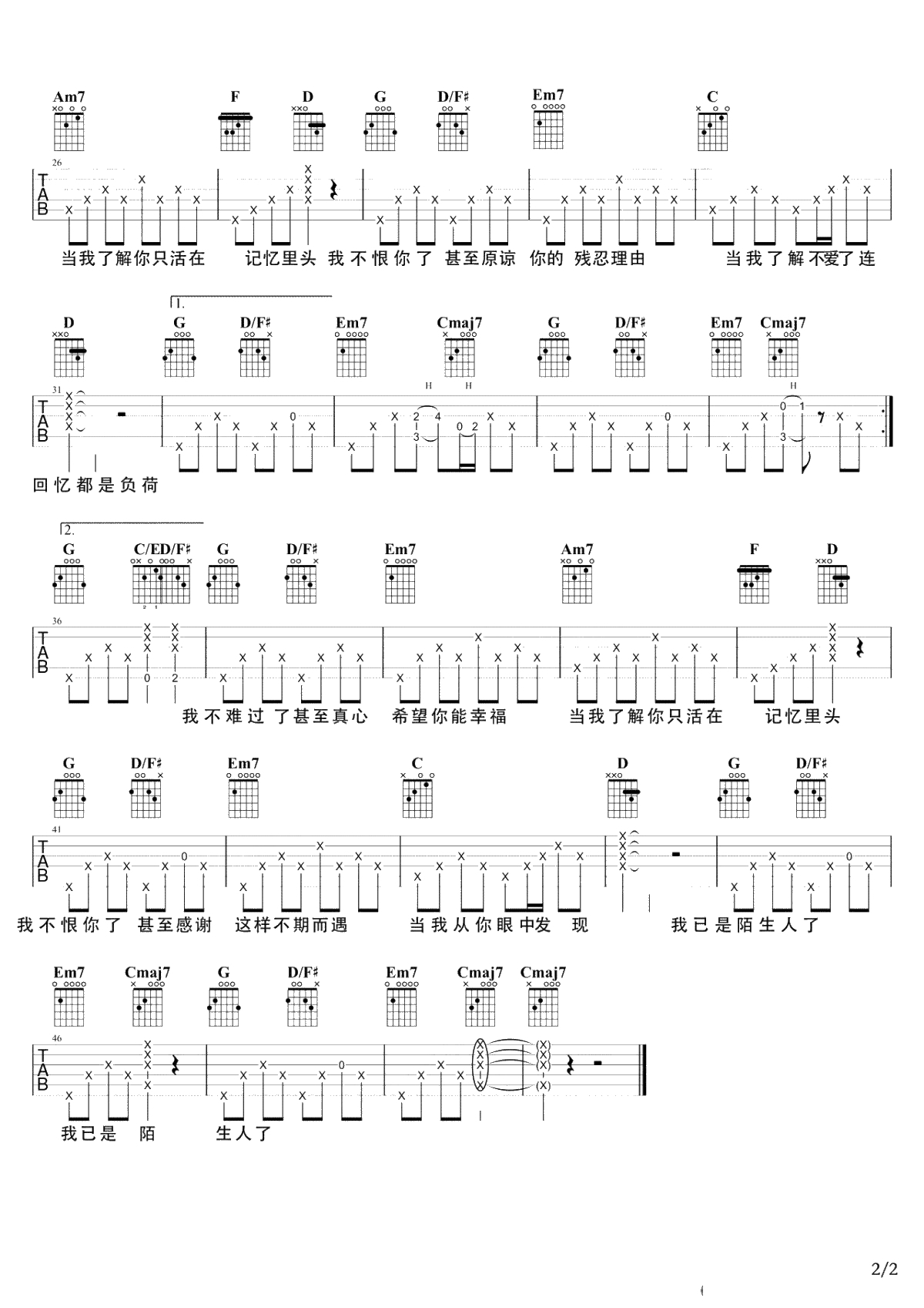 陌生人吉他谱-蔡健雅-G调指法-吉他弹唱2