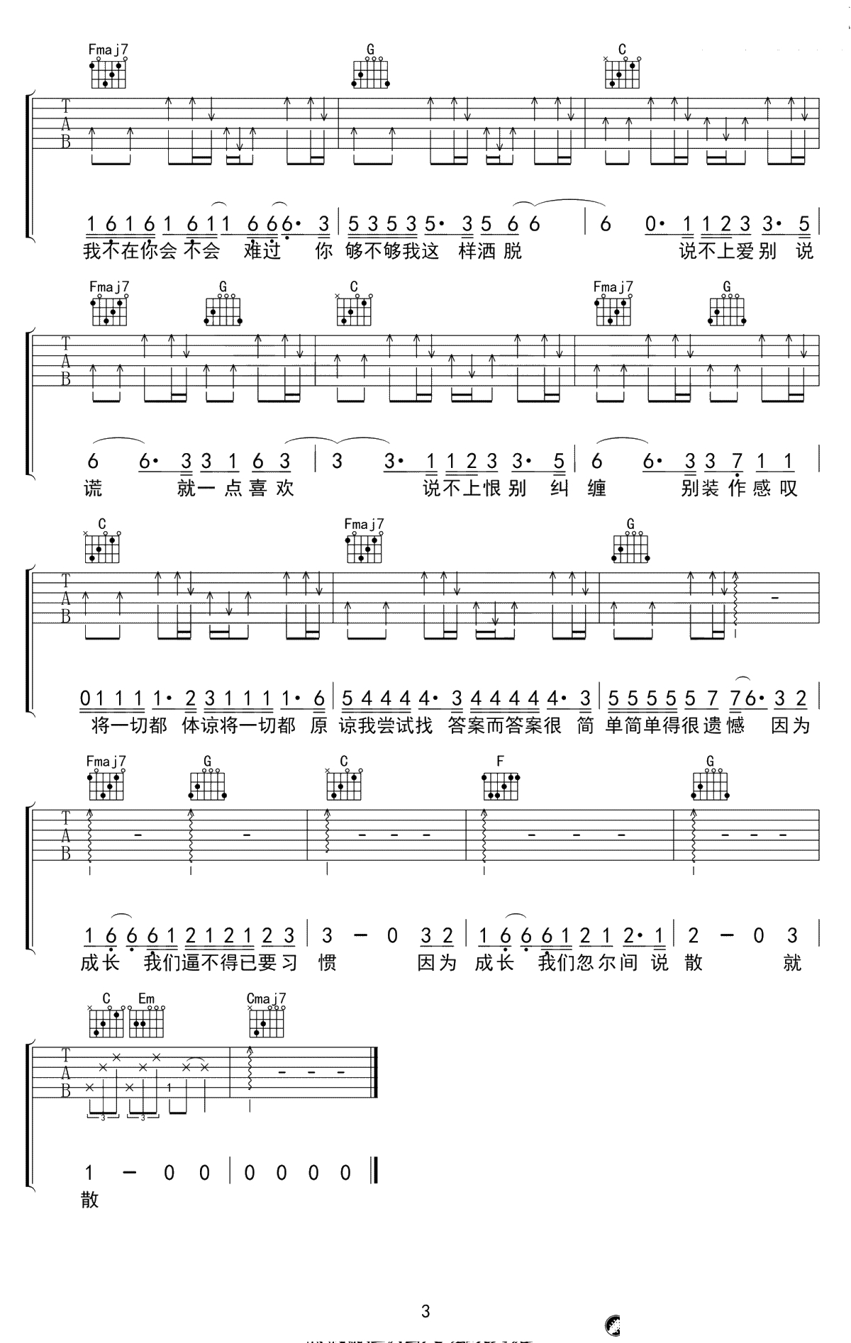 说散就散吉他谱 C调指法弹唱谱 袁娅维《前任3》主题曲3