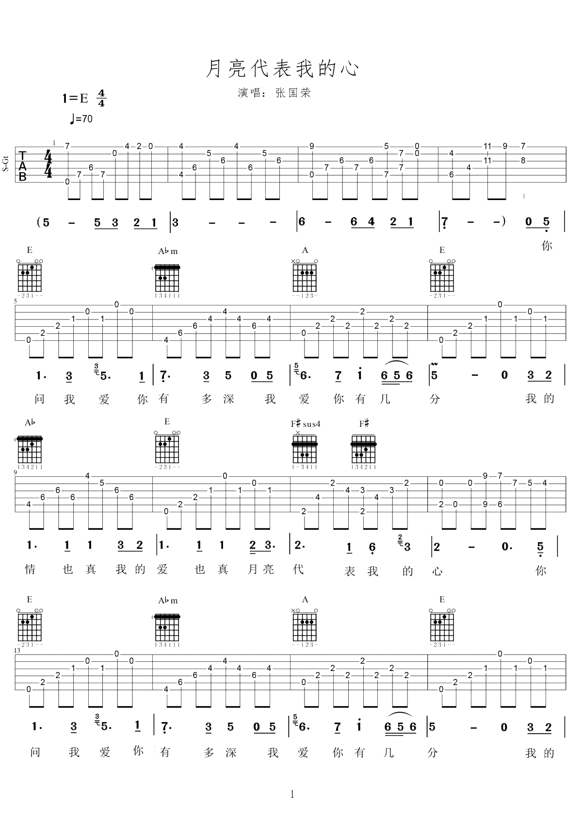 月亮代表我的心吉他谱-张国荣-高清弹唱谱-1