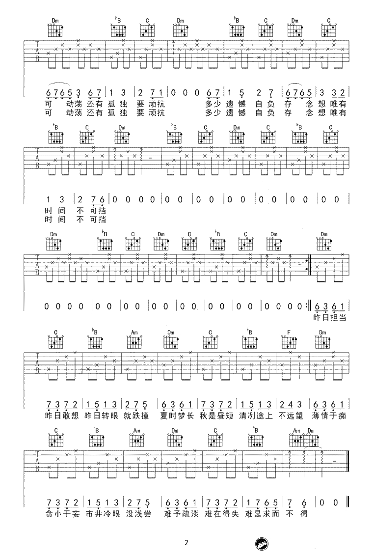 一如年少模样吉他谱-陈鸿宇-F调弹唱谱-六线谱2