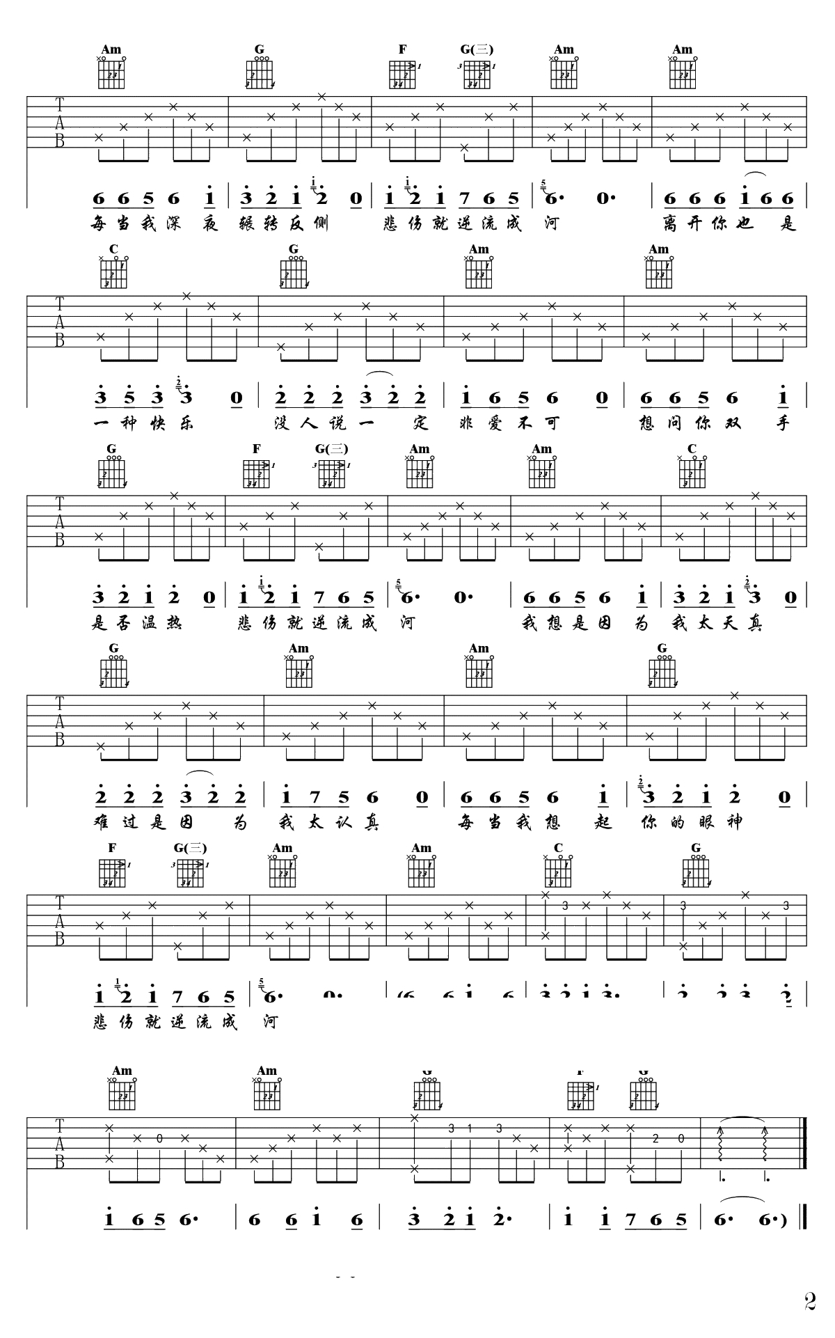 逆流成河吉他谱-金南玲-C调弹唱谱-2