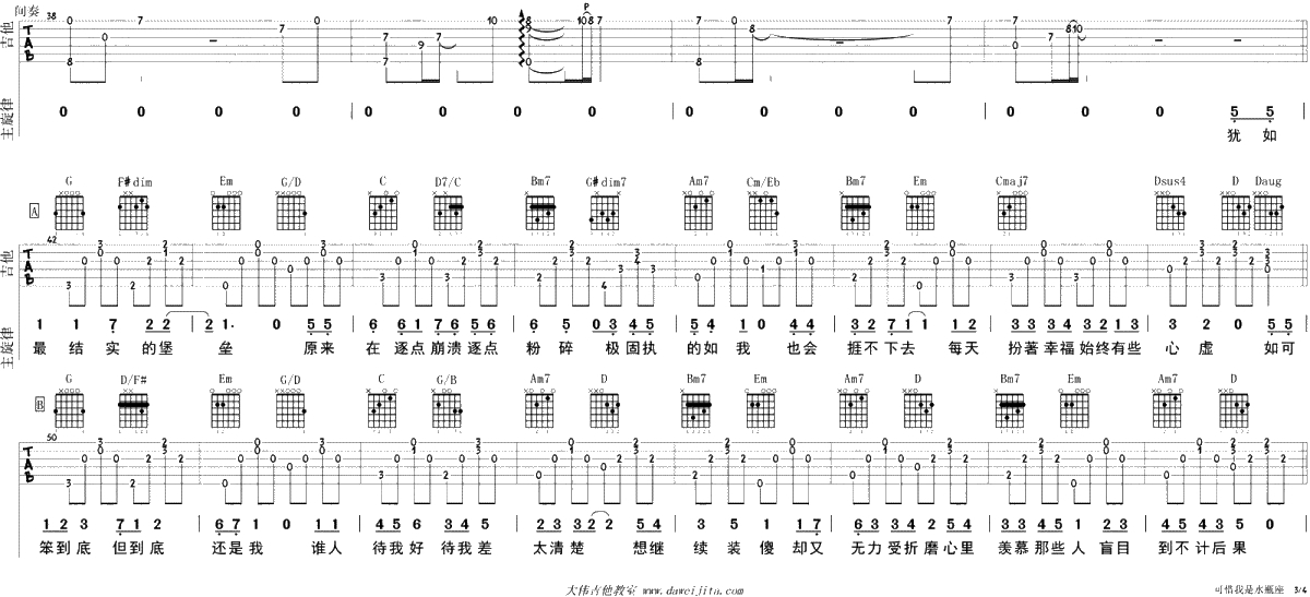 可惜我是水瓶座吉他谱-杨千嬅-G调六线谱-吉他弹唱3