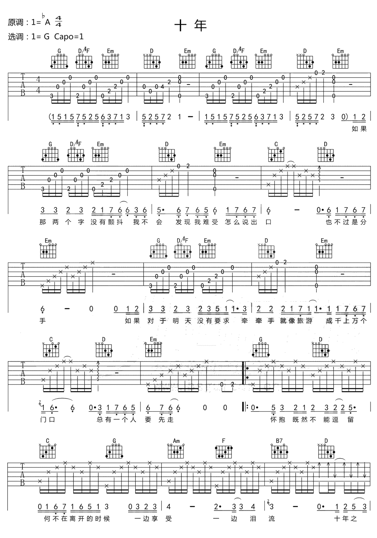 十年吉他谱-G调简化版-陈奕迅《十年》六线谱1