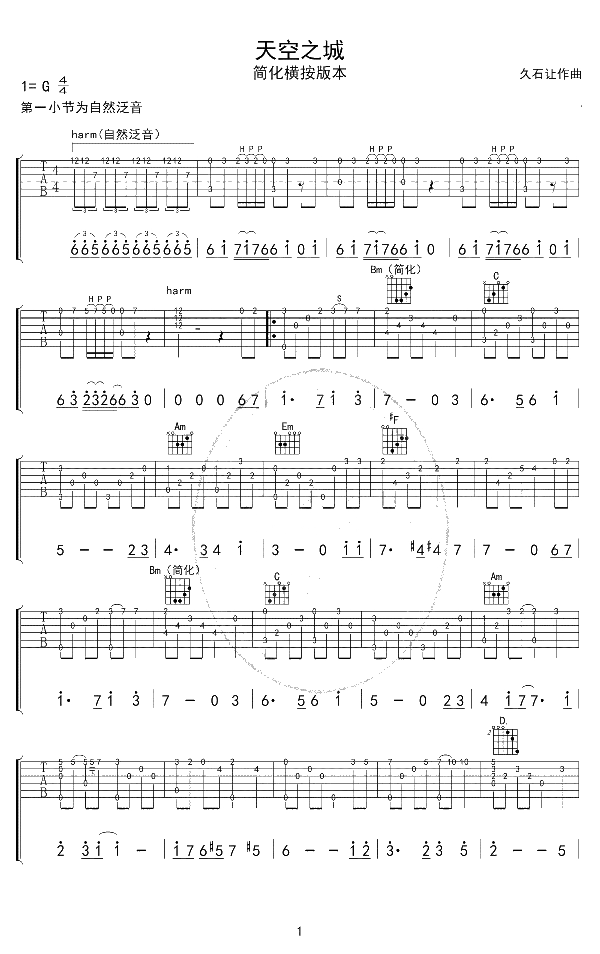 天空之城指弹谱-久石让-简化横按版本-指弹1