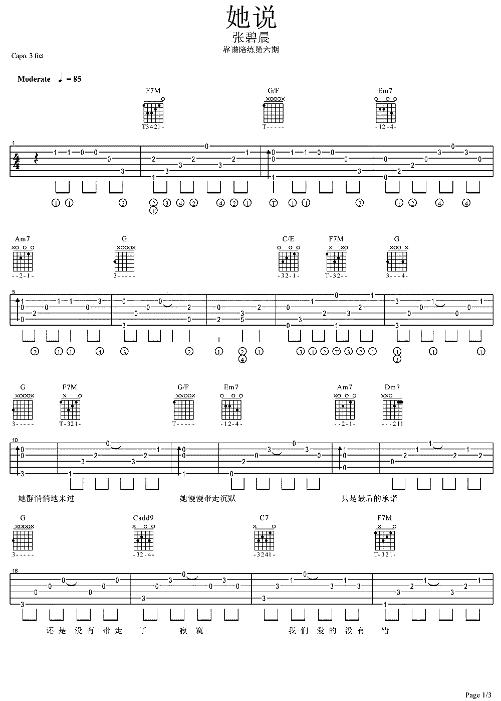 她说吉他谱 C调弹唱谱 张碧晨 吉他1