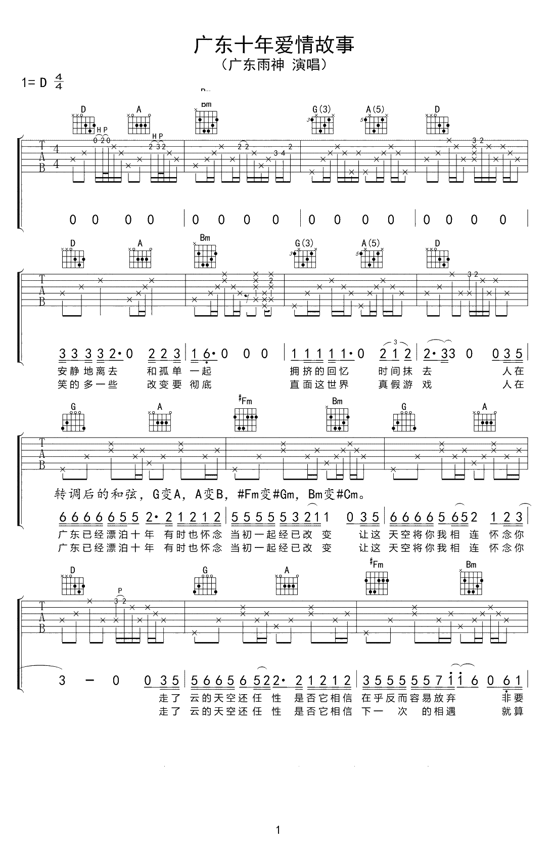 广东十年爱情故事吉他谱-广东雨神《广东爱情故事》吉他弹唱1
