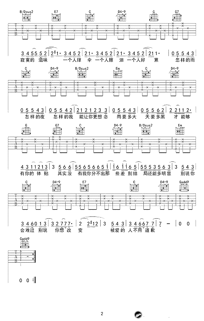 下雨天吉他谱-南拳妈妈-G调六线谱-下雨天吉他弹唱2