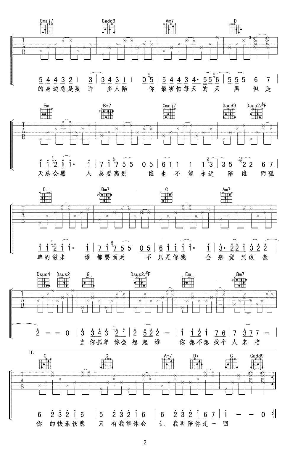 当你孤单你会想起谁吉他谱-张栋梁-G调高清弹唱谱2