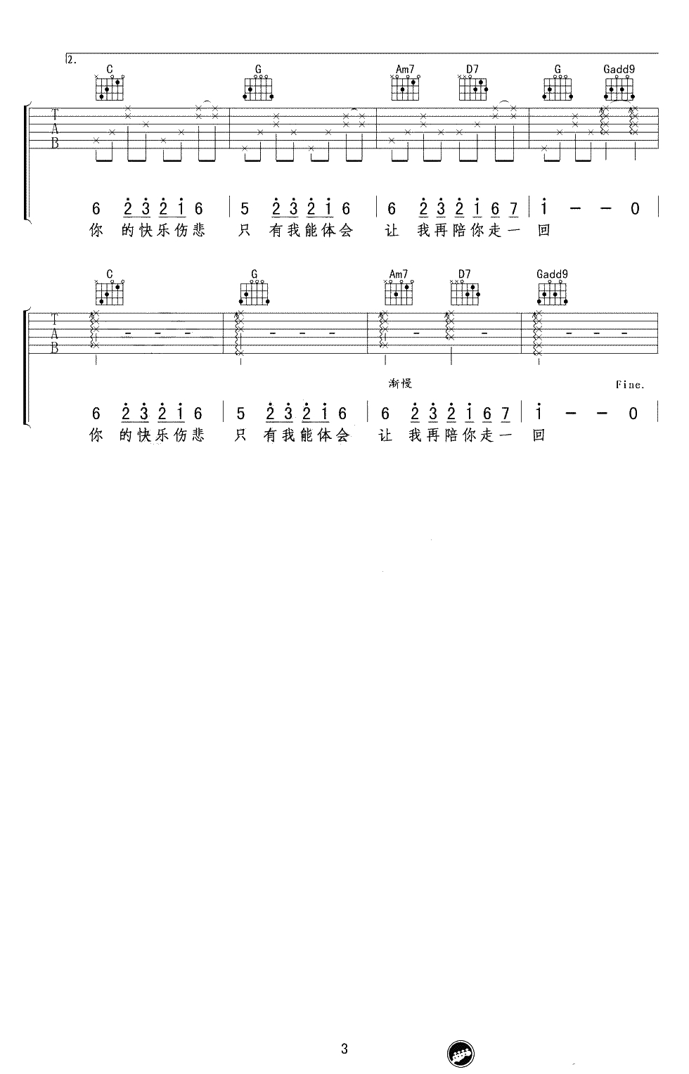 当你孤单你会想起谁吉他谱-张栋梁-G调高清弹唱谱3