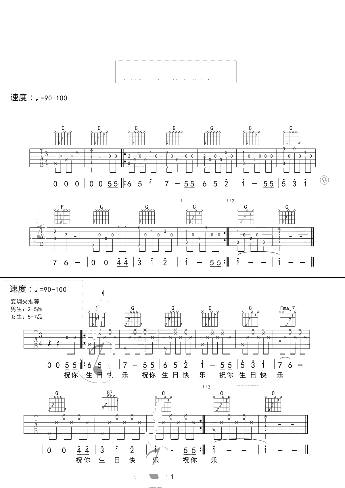 生日快乐吉他谱-独奏谱+弹唱谱-吉他入门1