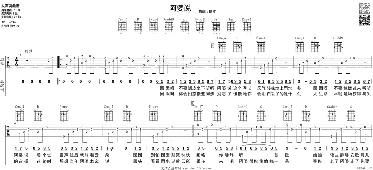阿婆说吉他谱-陈一发儿/暗杠《阿婆说》吉他弹唱1