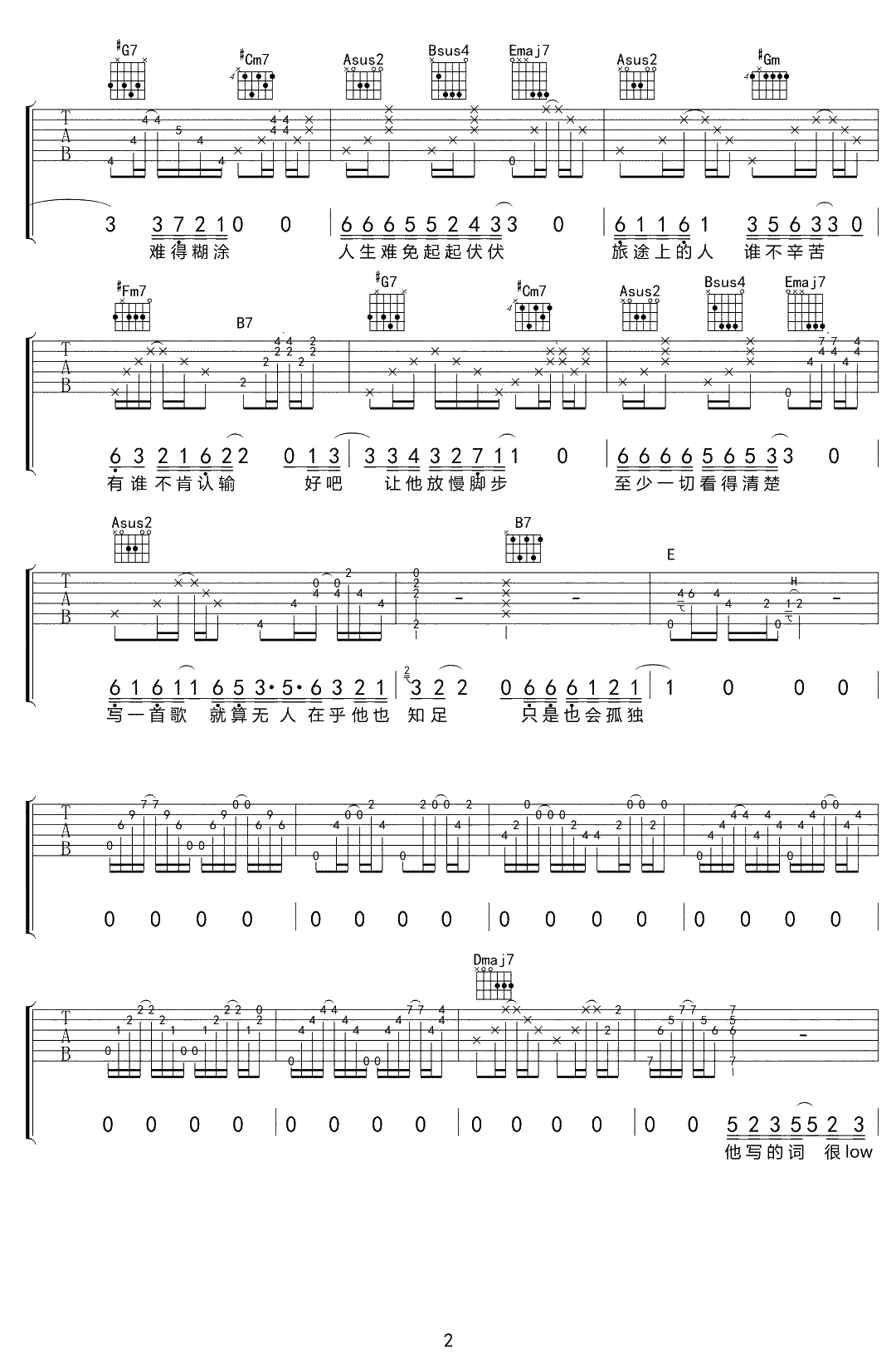 老齐吉他谱 E调弹唱六线谱 齐一2