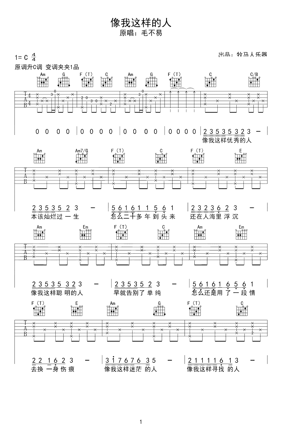 像我这样的人吉他谱-C调弹唱谱-毛不易-高清图片六线谱1