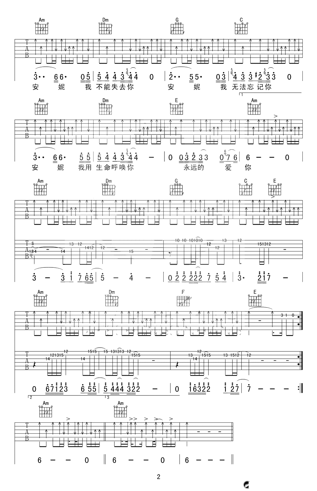 安妮吉他谱-王杰-C调弹唱谱-《安妮》六线谱2
