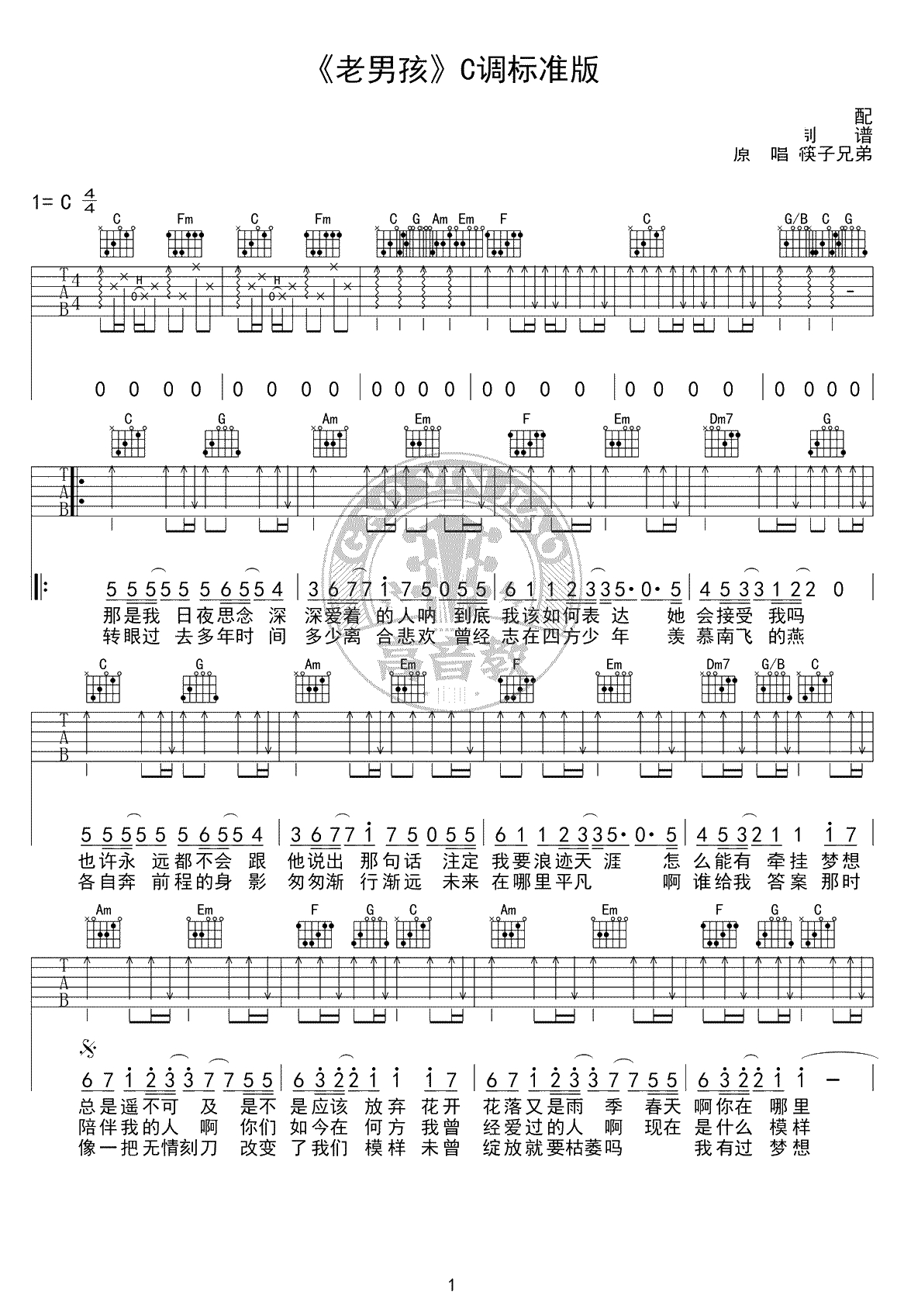 老男孩吉他谱-筷子兄弟-C调标准版-吉他弹唱1
