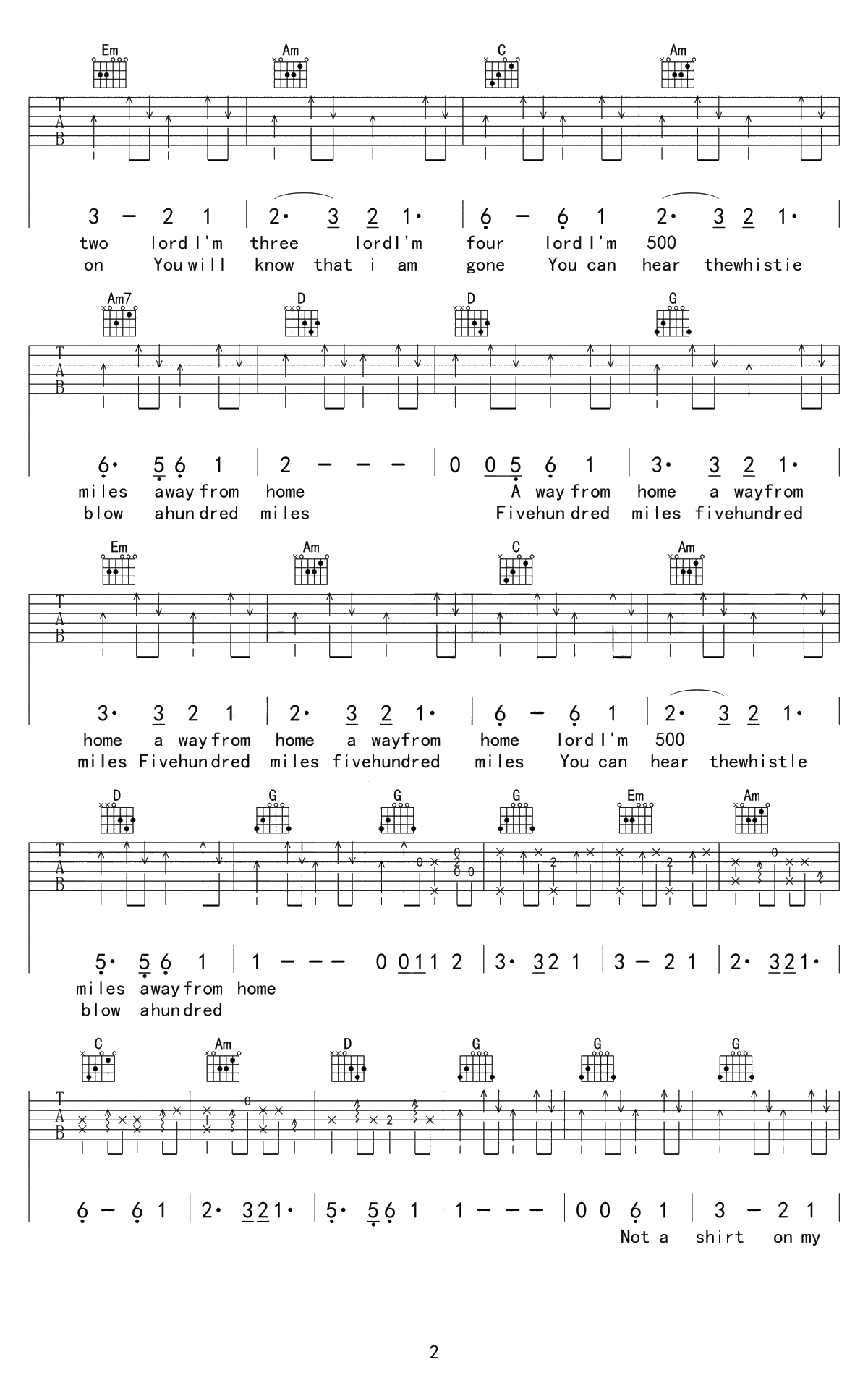 500 miles吉他谱-醉乡民谣《离家五百里》六线谱-G调原版2