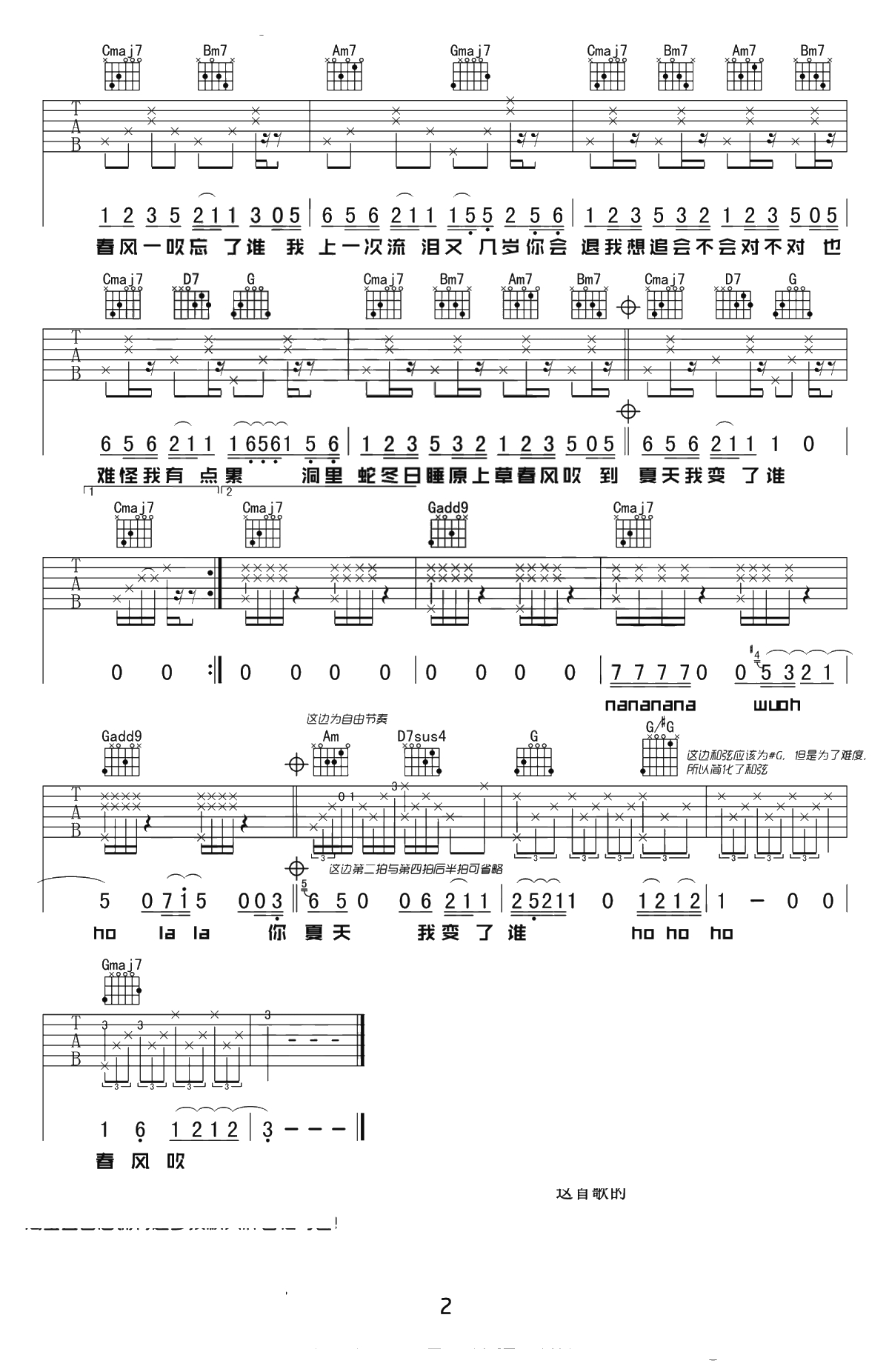 春风吹吉他谱-方大同-G调简单吉他谱-高清弹唱谱2