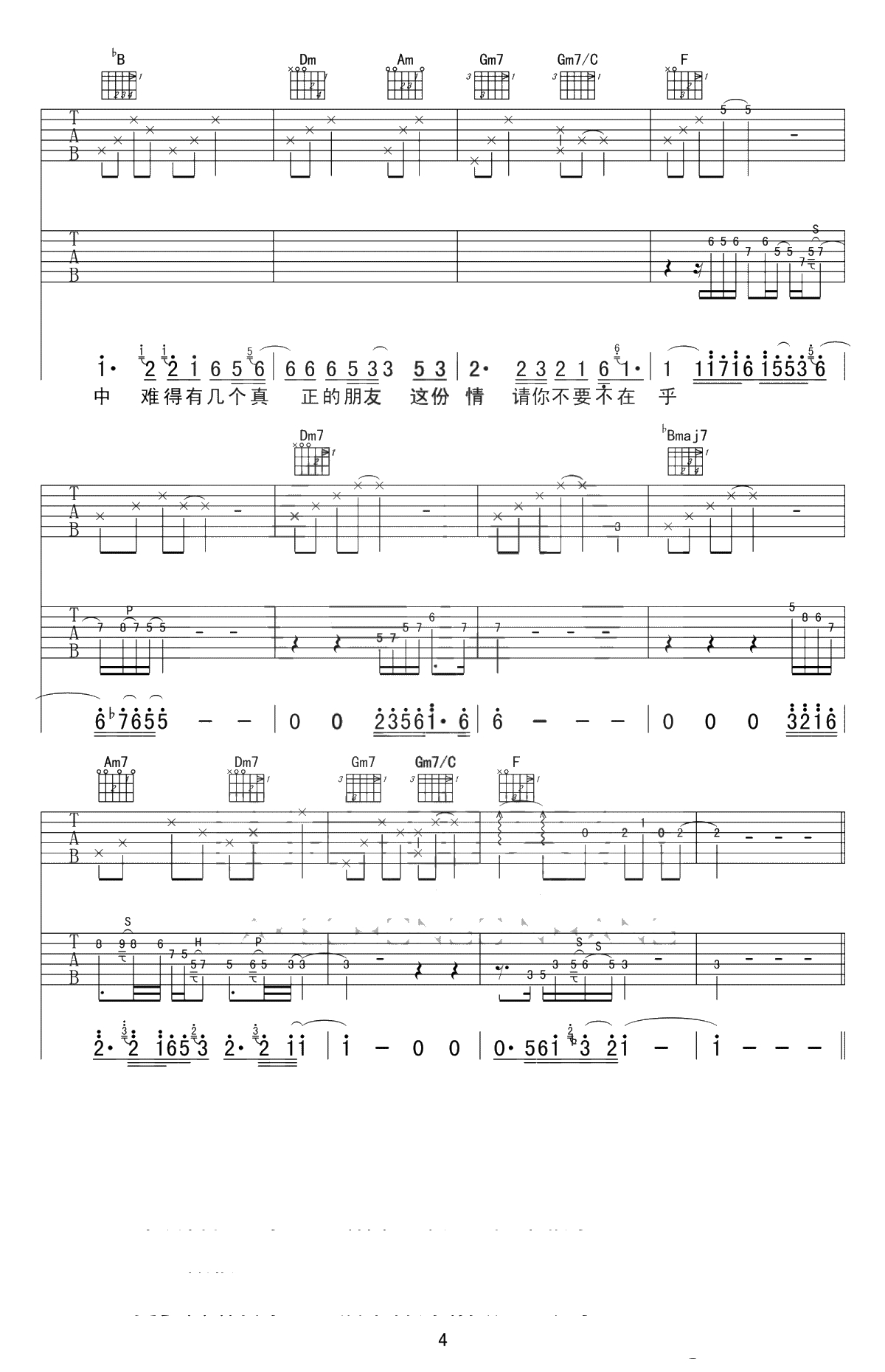 朋友别哭吉他谱-吕方-高清弹唱谱-F调六线谱完整版4