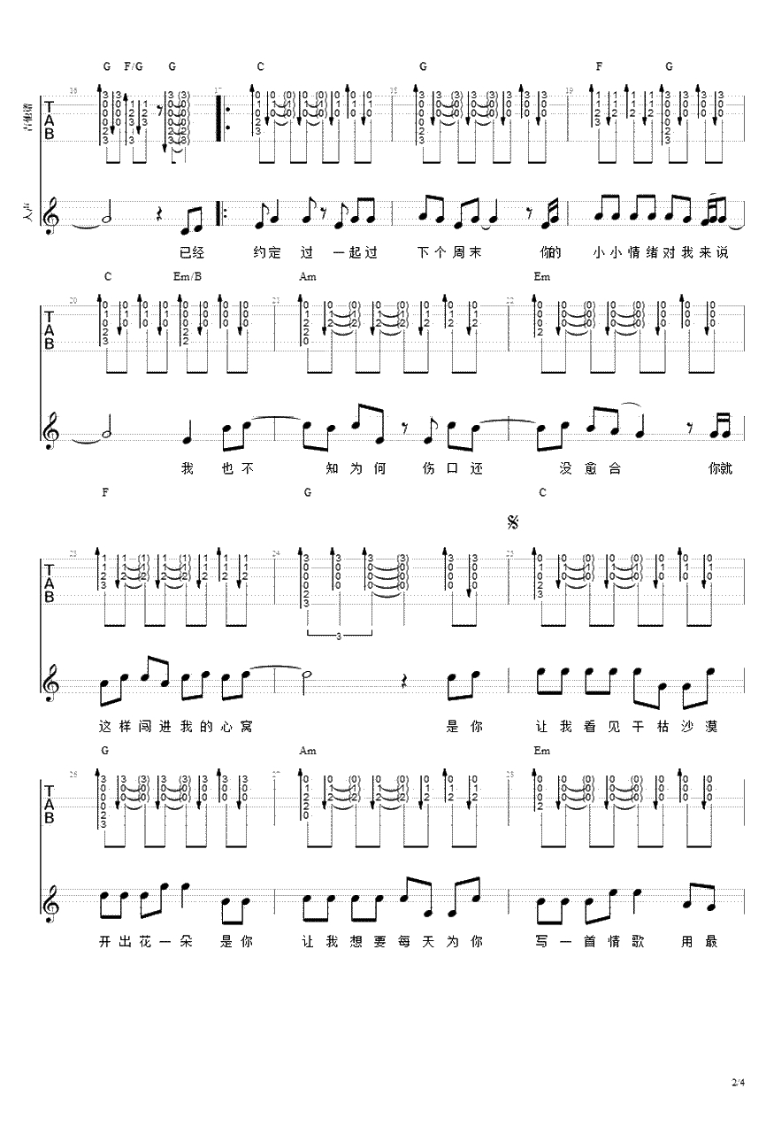 有点甜吉他谱-汪苏泷/by2《有点甜》六线谱-吉他弹唱谱2