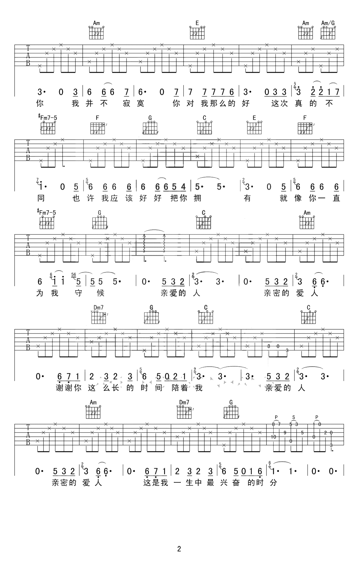 亲密爱人吉他谱-梅艳芳-高清六线谱-弹唱谱2