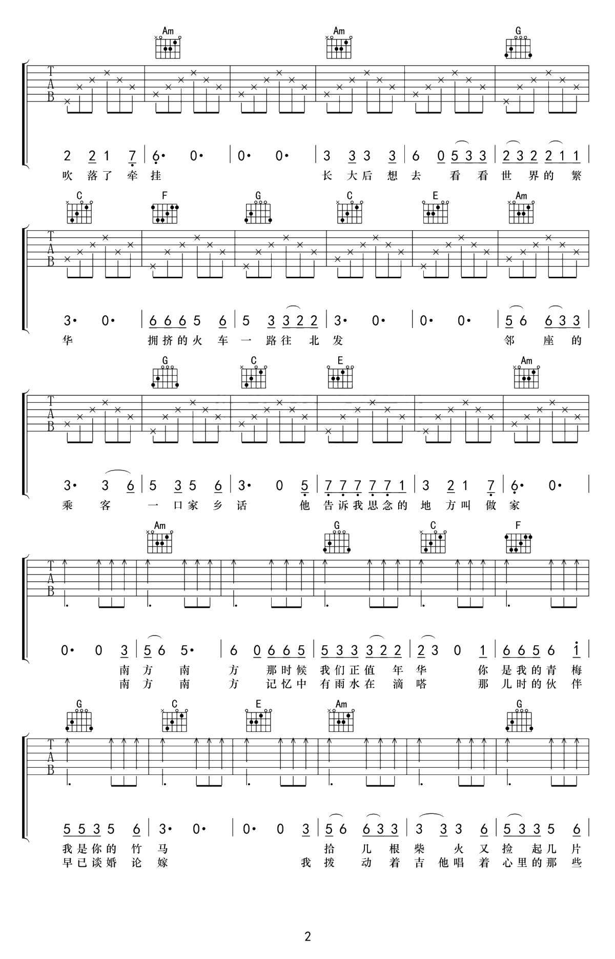 南方南方吉他谱 张小九 C调弹唱谱-高清2