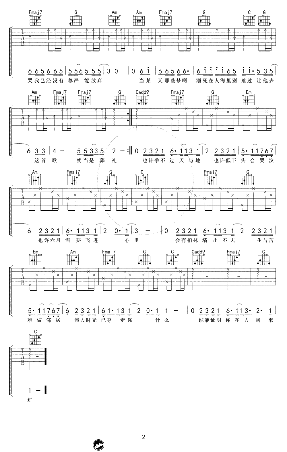 在人间吉他谱-王建房-C调简单版-《What are words 》中文版2