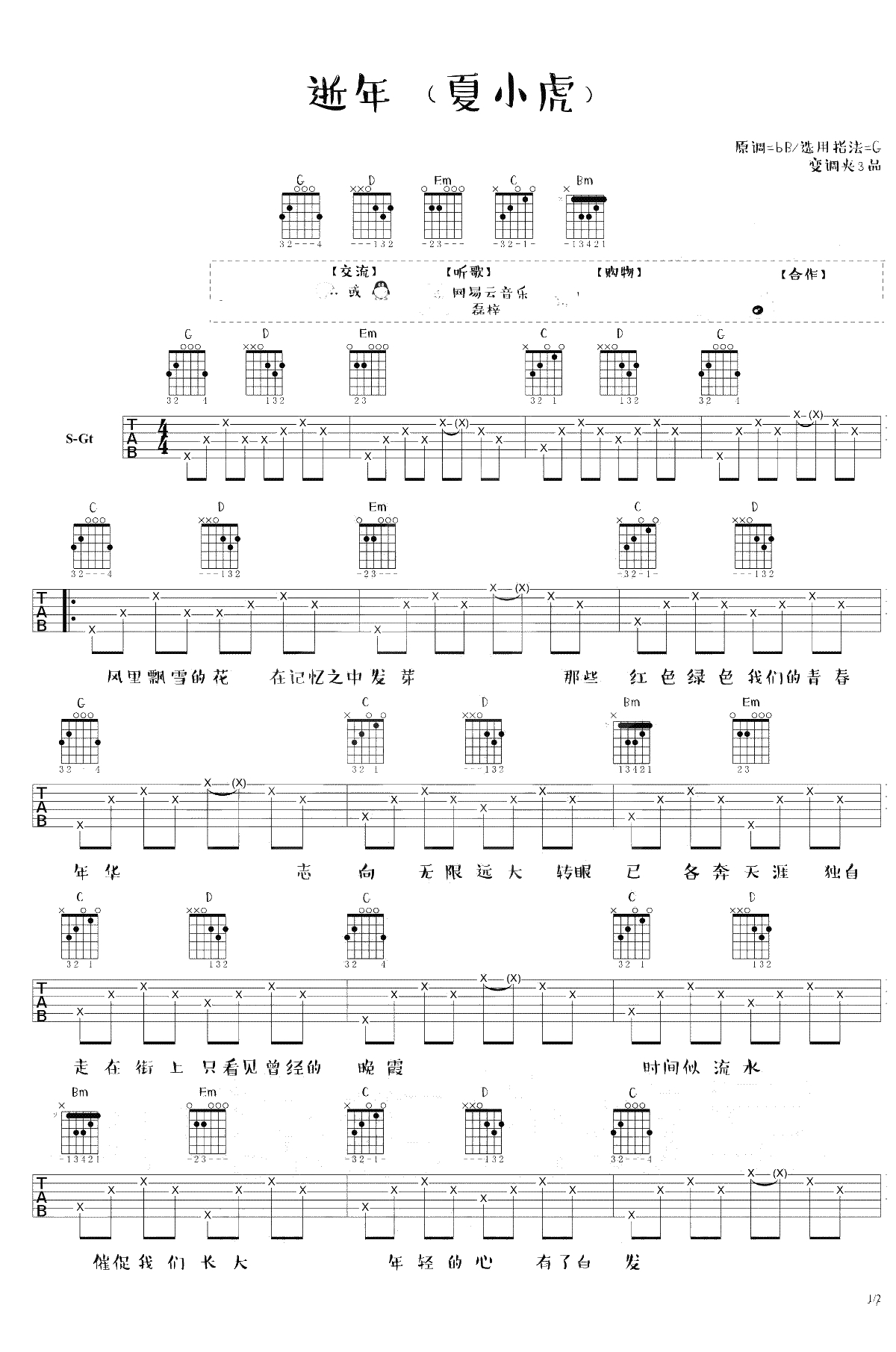 逝年吉他谱-夏小虎《逝年》六线谱-G调弹唱-1