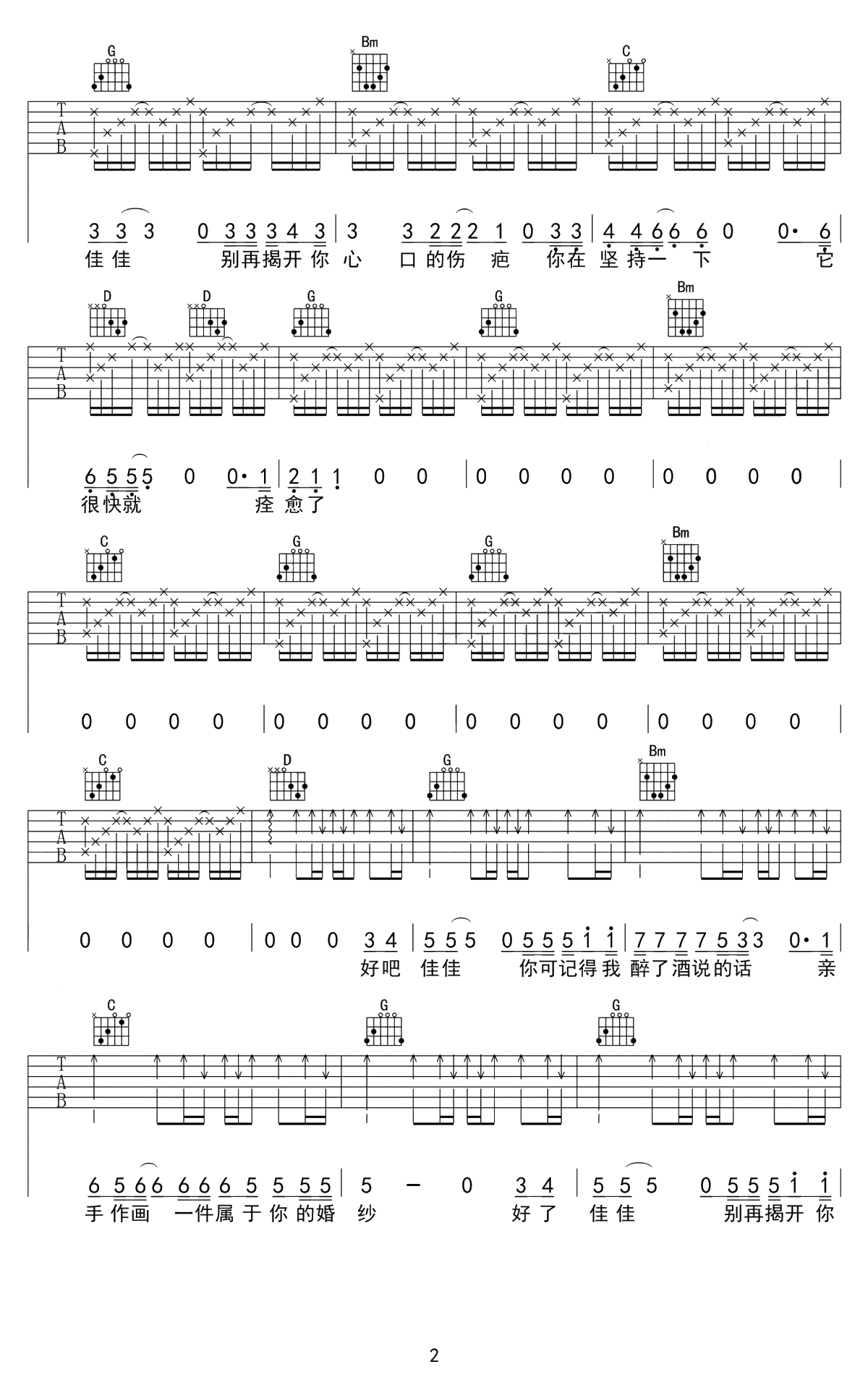 佳佳吉他谱-张宴铭《佳佳》六线谱-G调弹唱谱2