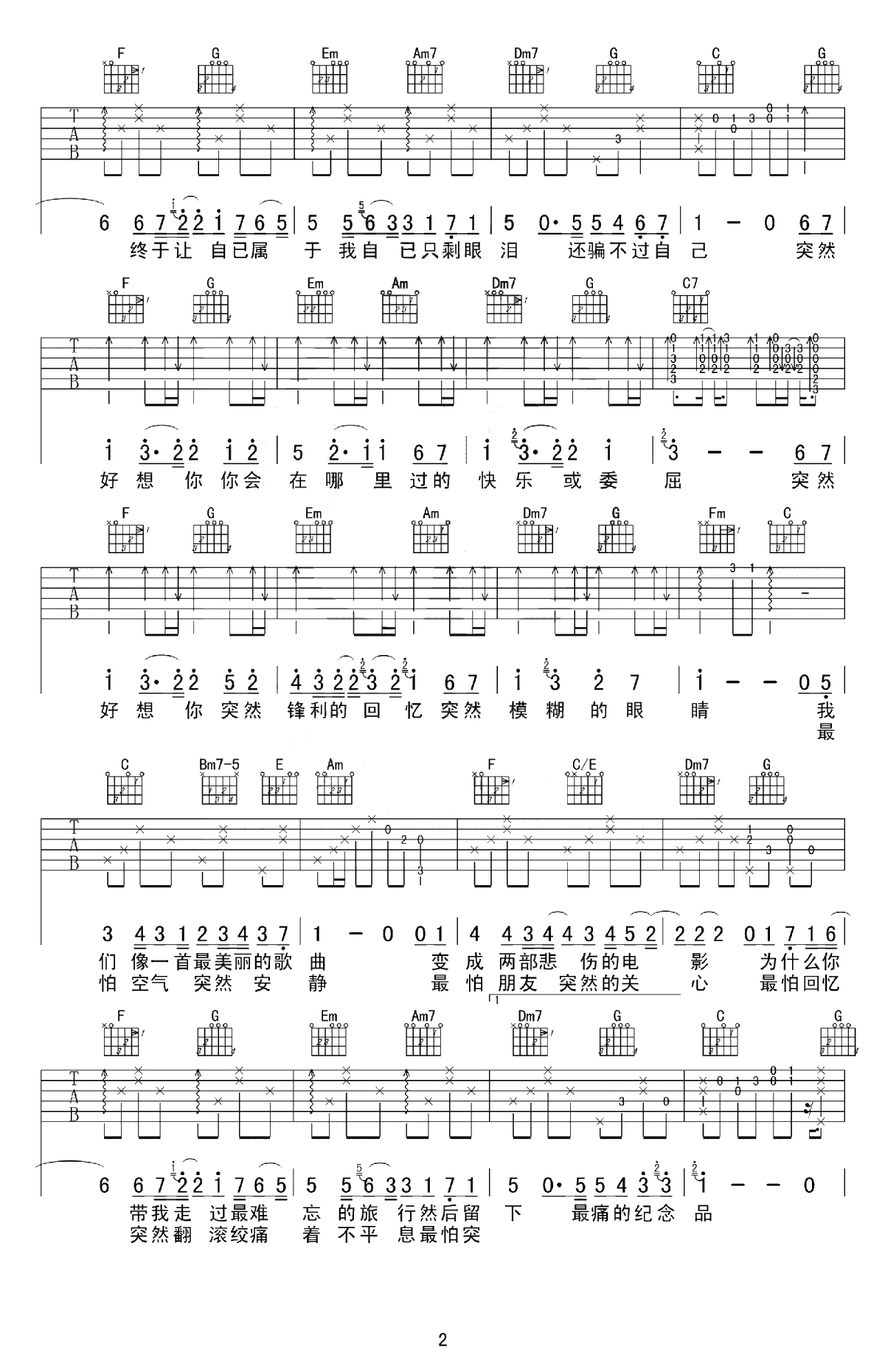 突然好想你吉他谱-五月天-原版谱带solo-高清六线谱2