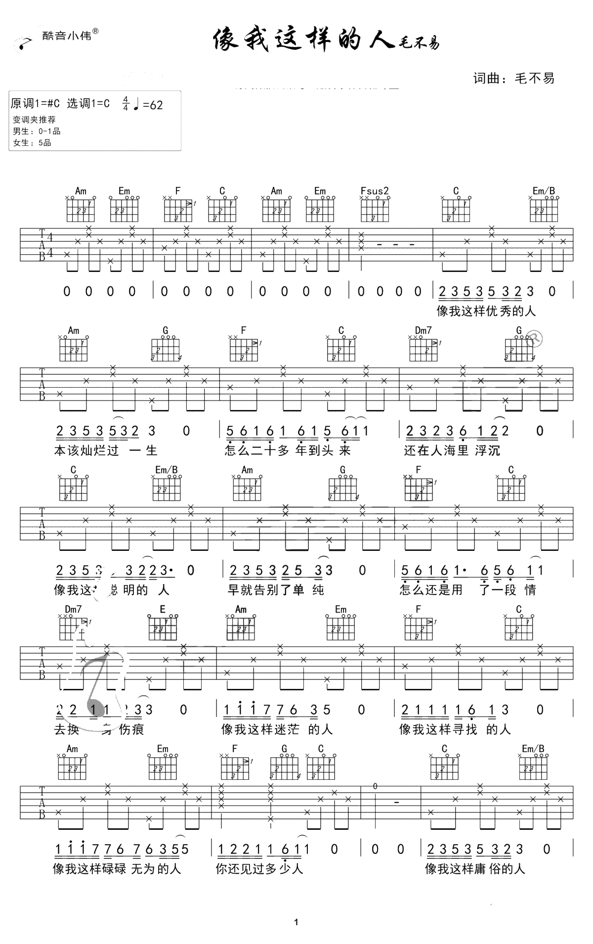 像我这样的人吉他谱 毛不易 C调简单版1