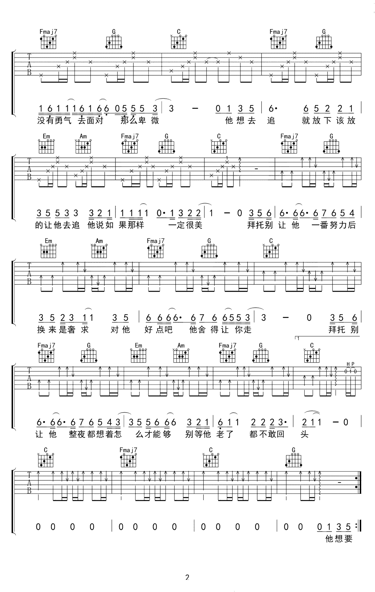 拜托吉他谱 孙晨 C调弹唱谱-高清2