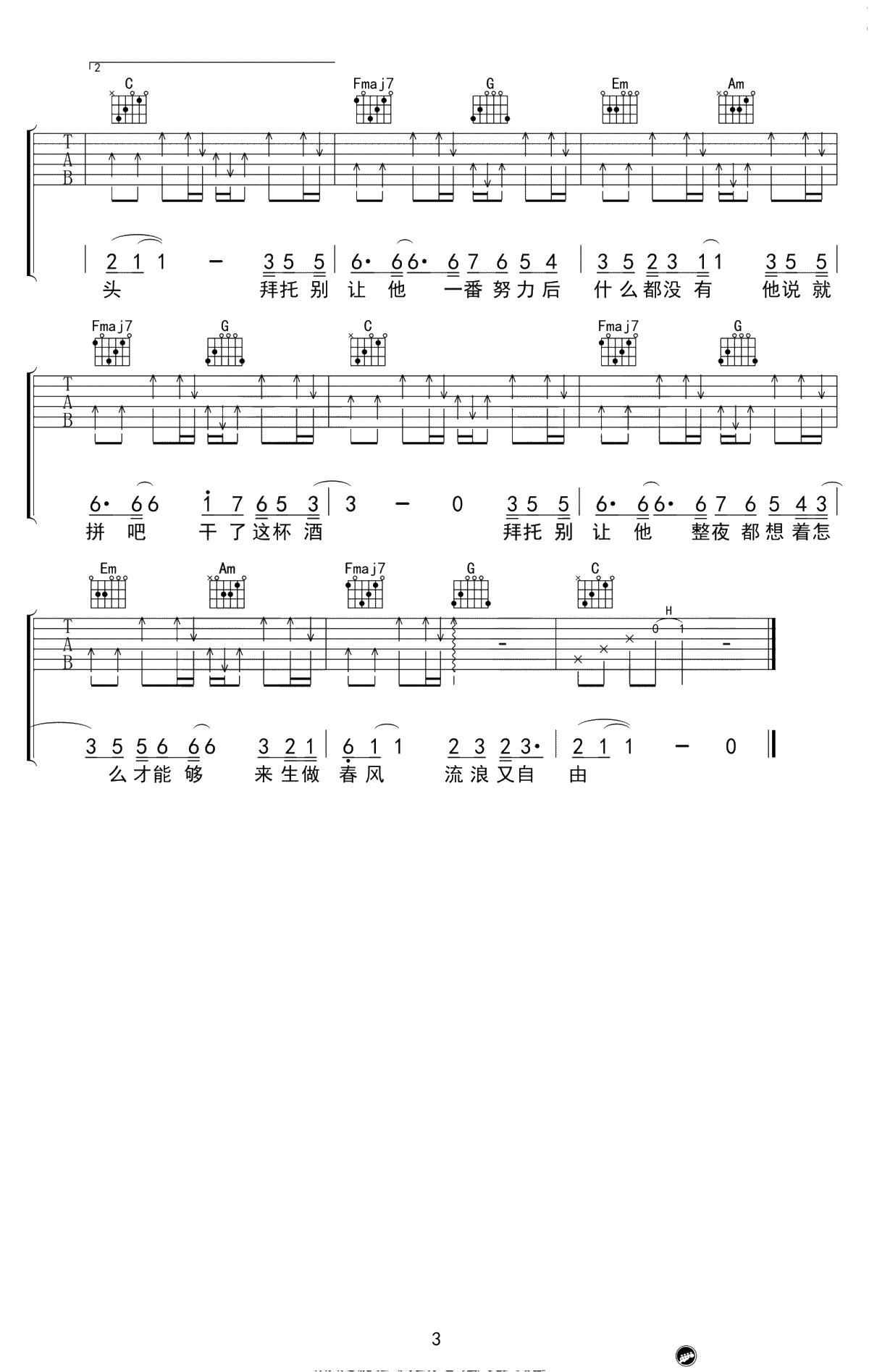 拜托吉他谱 孙晨 C调弹唱谱-高清3