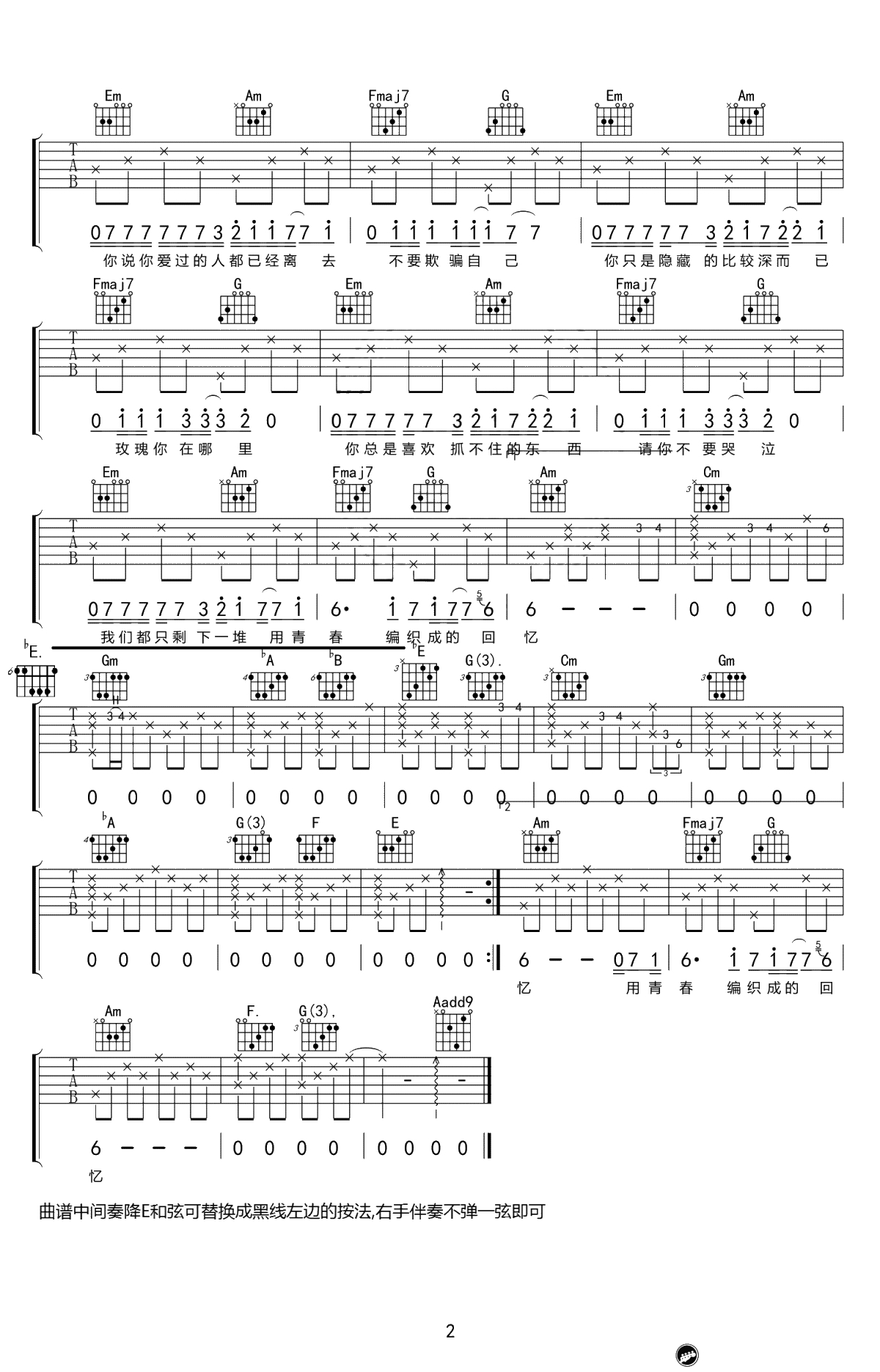 贰佰《玫瑰》吉他谱-C调高清弹唱谱-吉他2