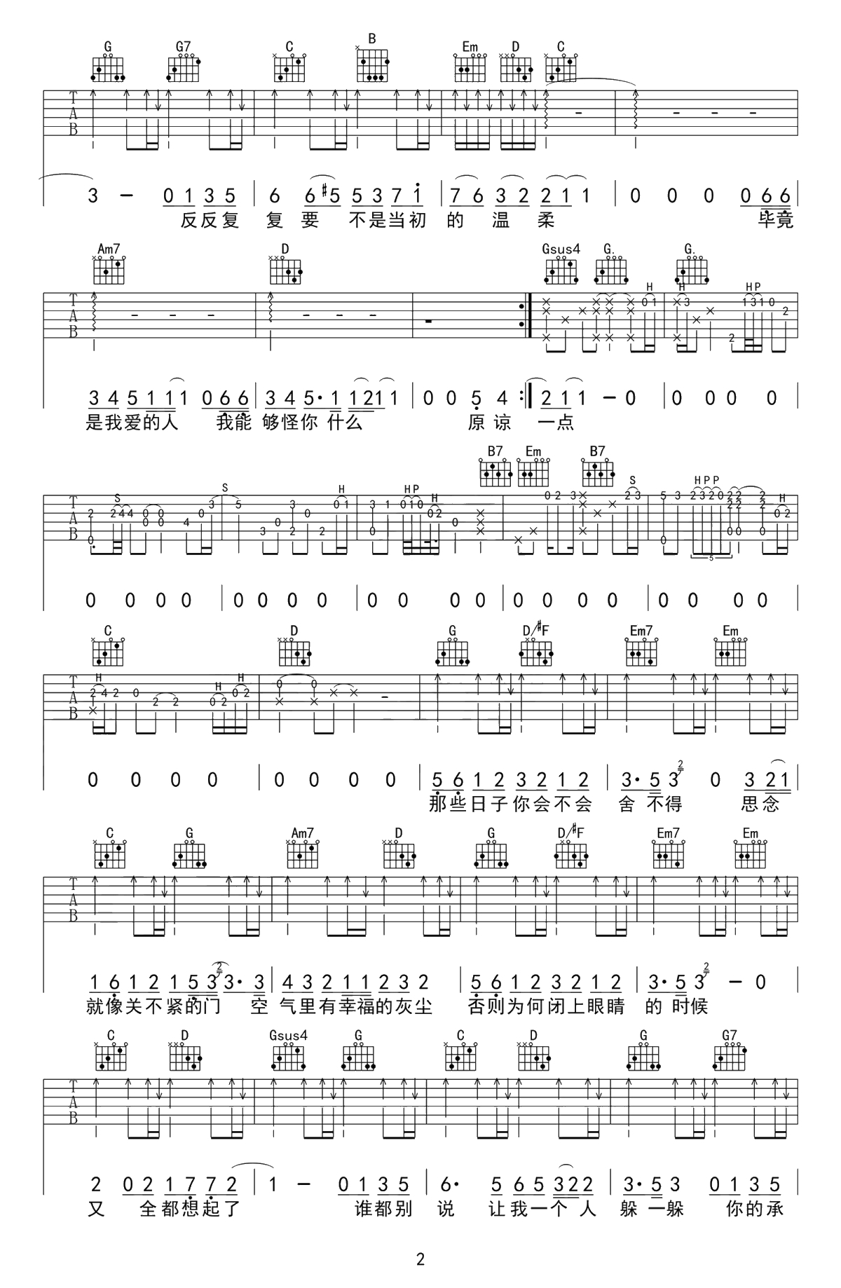 原谅吉他谱-张玉华《原谅》六线谱-完美弹唱谱2