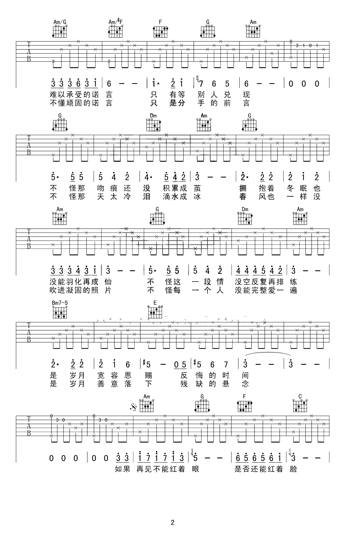 匆匆那年吉他谱C调-王菲-原版弹唱谱-高清2