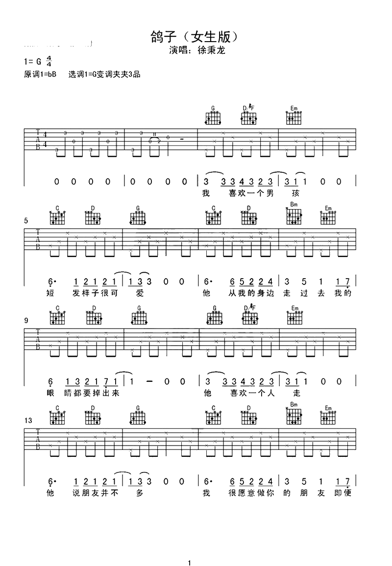鸽子吉他谱-徐秉龙-G调弹唱谱-吉他1