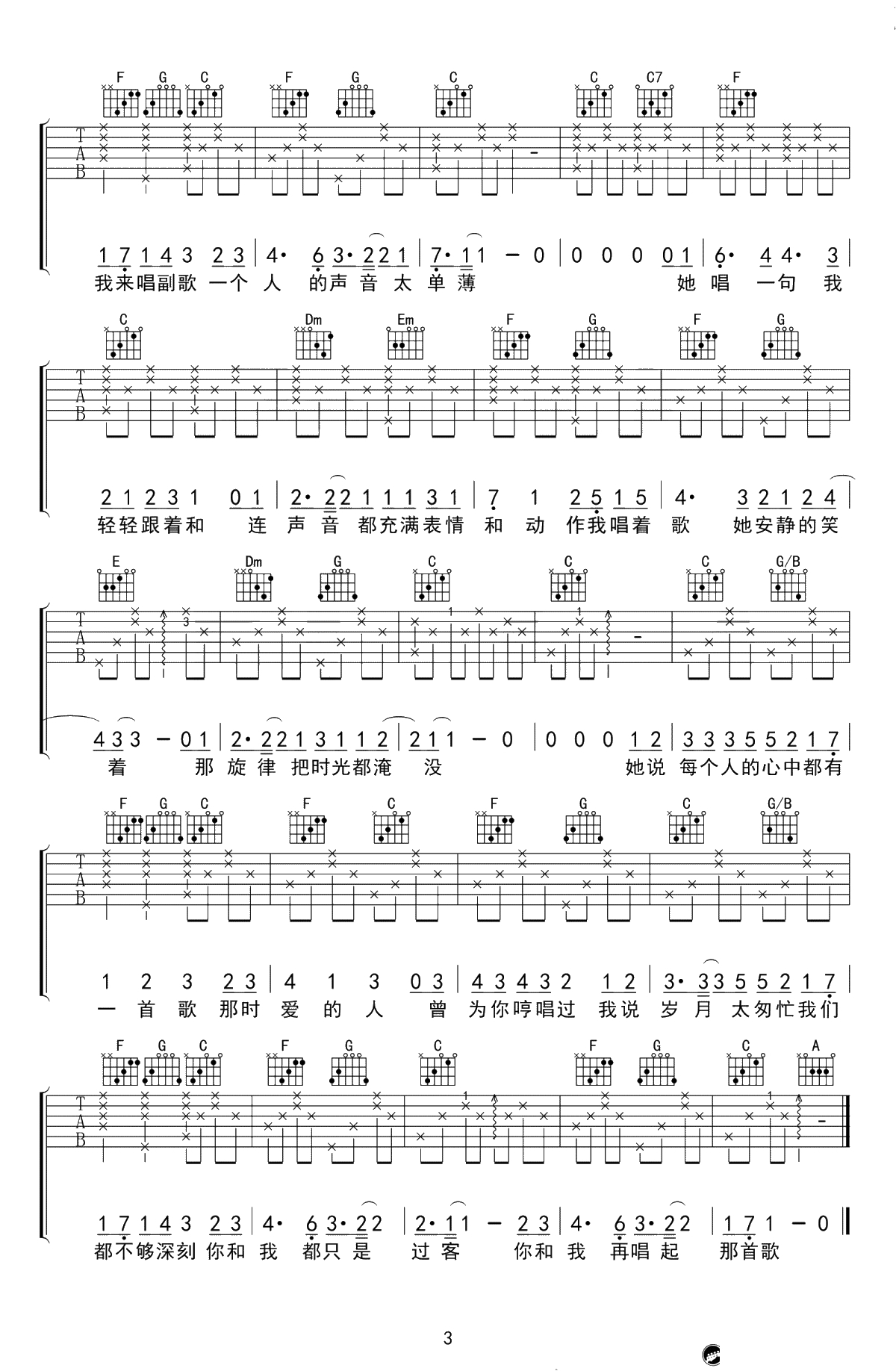她说每个人的心中都有一首歌吉他谱-陈小熊-C调六线谱3