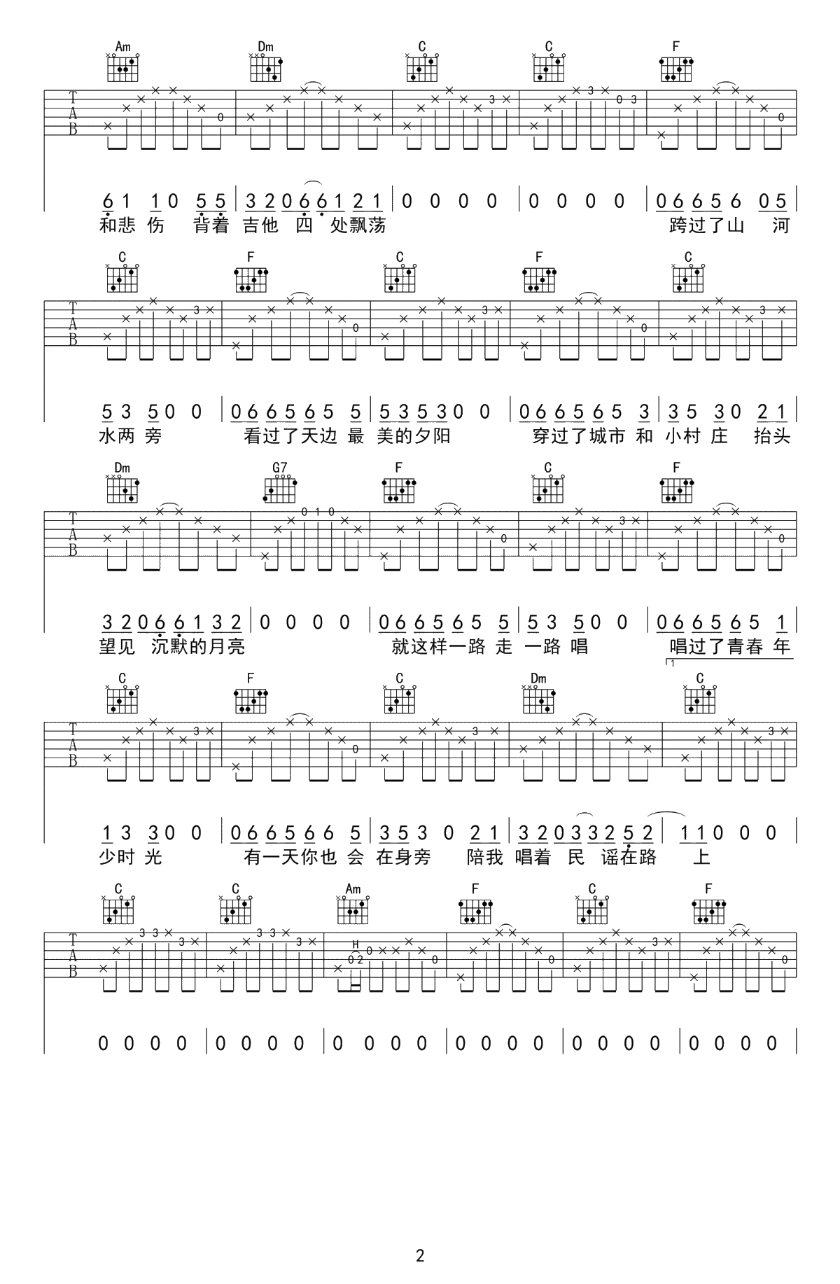 民谣在路上吉他谱-前冲《民谣在路上》六线谱-C调弹唱谱2