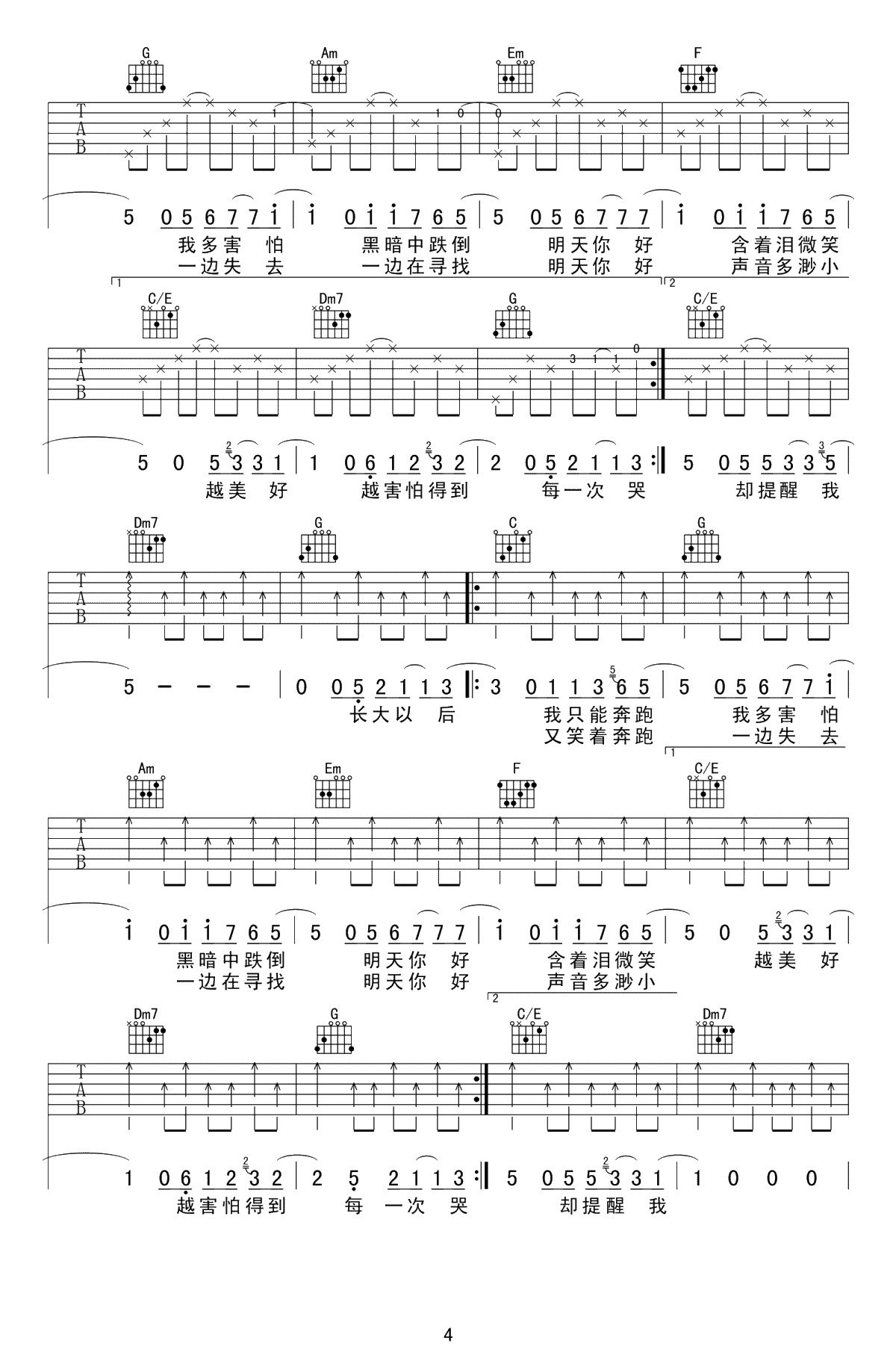 明天你好吉他谱-牛奶咖啡-高清弹唱谱-4