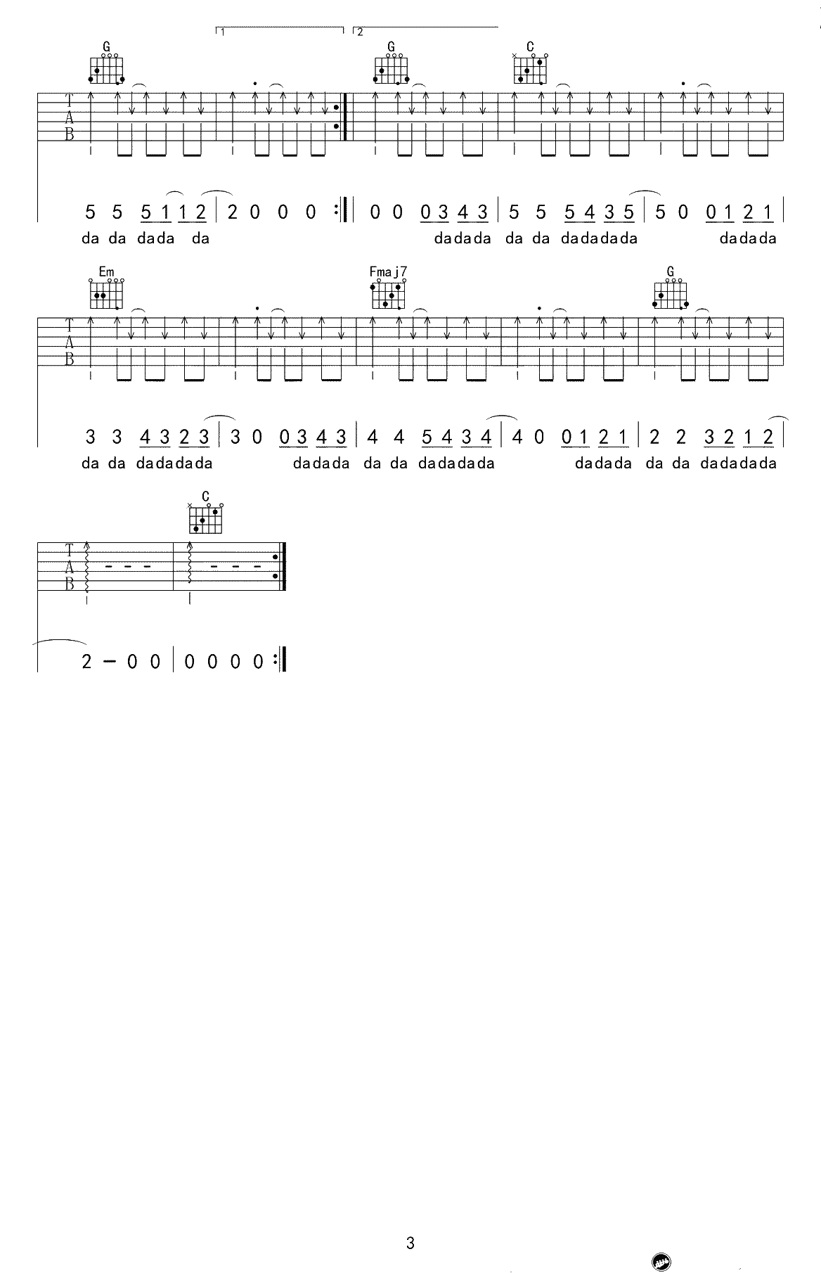 唱不了一首欢乐的歌 吉他谱 谢春花 C调弹唱谱3
