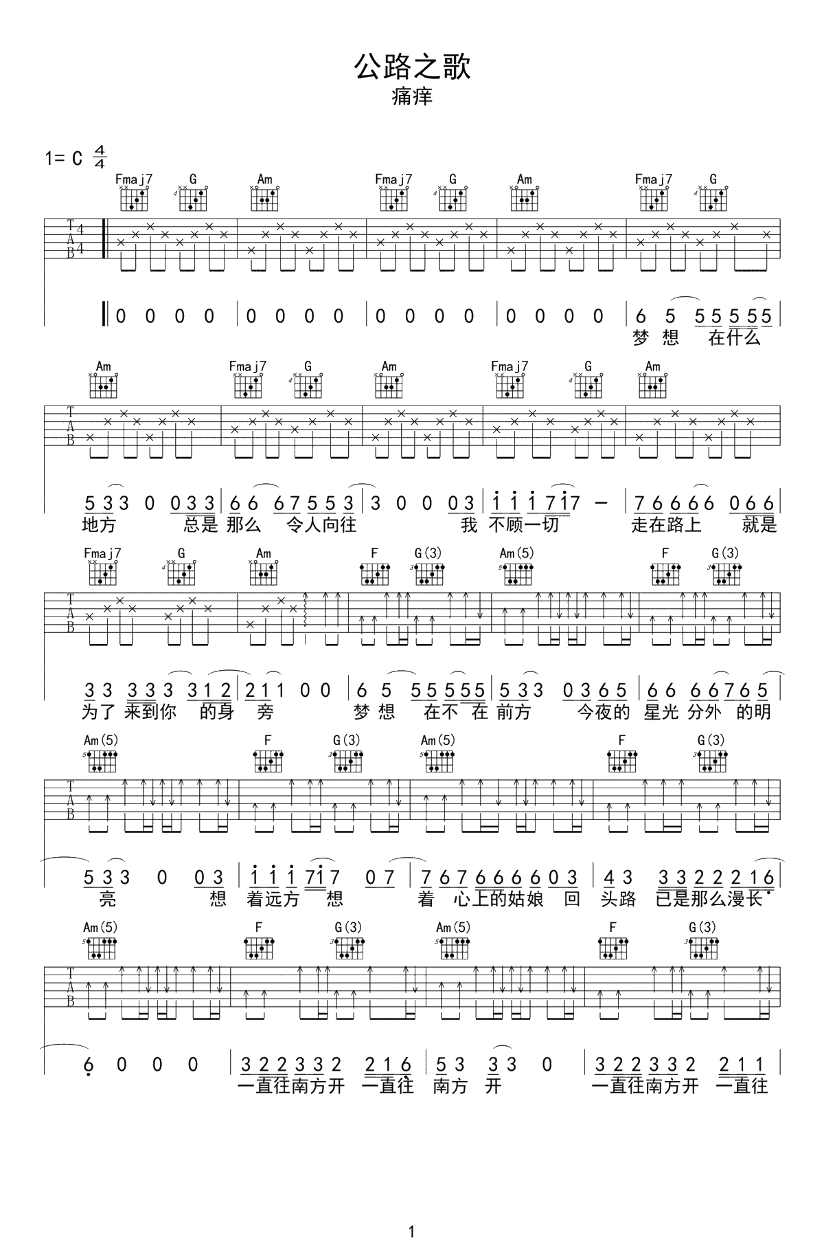 公路之歌吉他谱 C调版本 痛仰乐队1