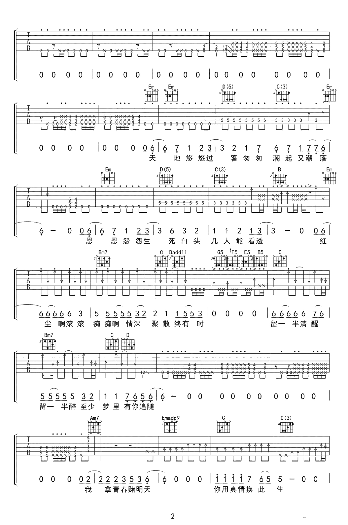 潇洒走一回吉他谱-叶倩文-G调扫弦六线谱-弹唱2