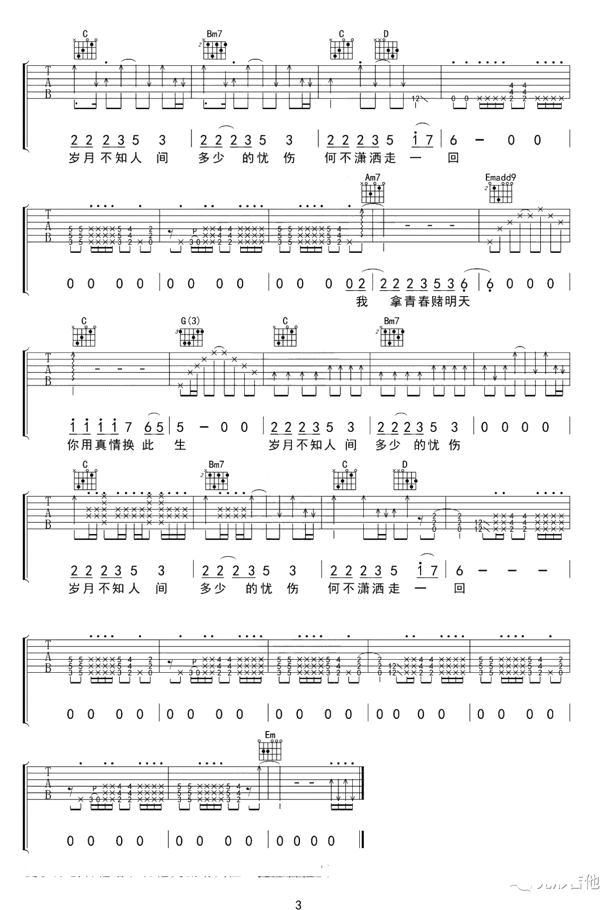潇洒走一回吉他谱-叶倩文-G调扫弦六线谱-弹唱3