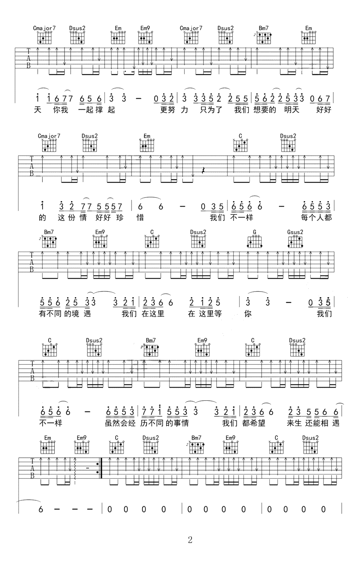 我们不一样吉他谱 大壮 G调指法原版编配 弹唱六线谱2