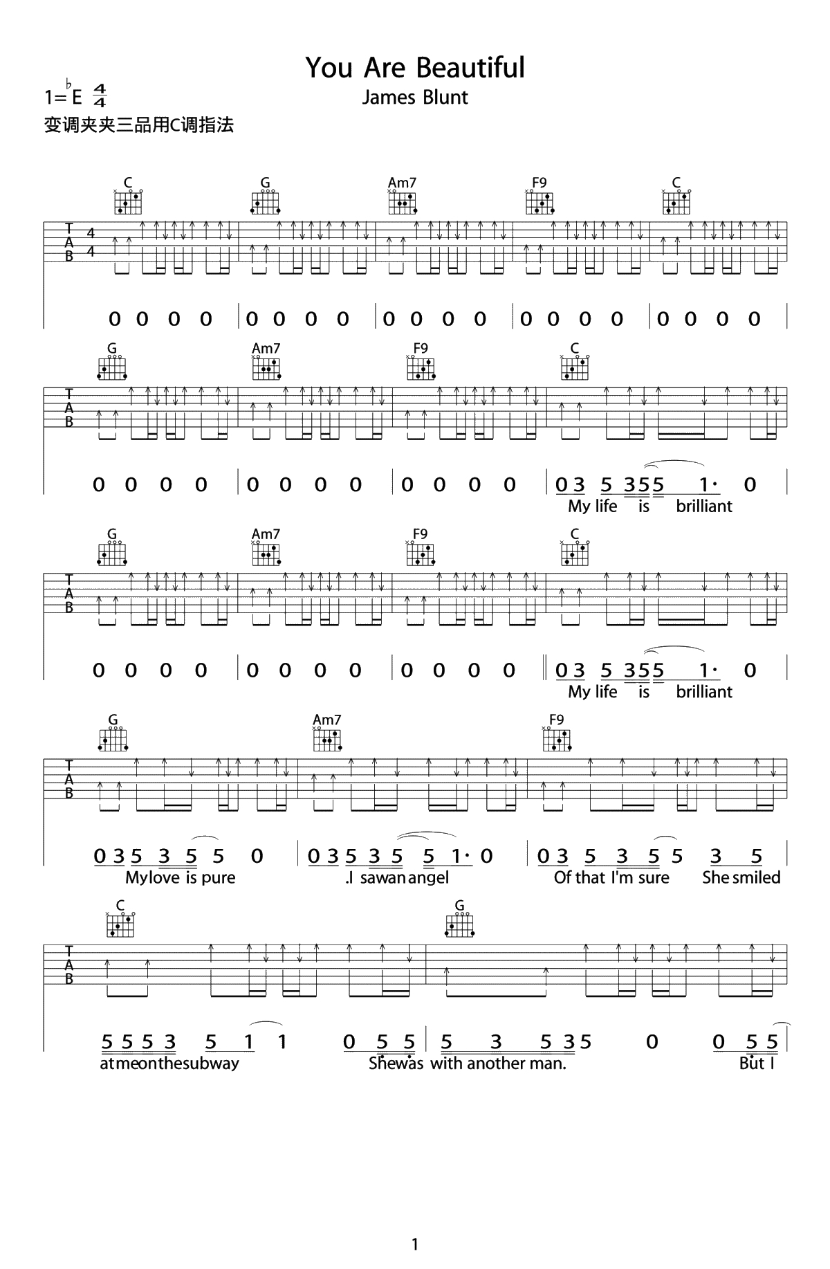 You Are Beautiful吉他谱-C调弹唱六线谱-James Blunt1